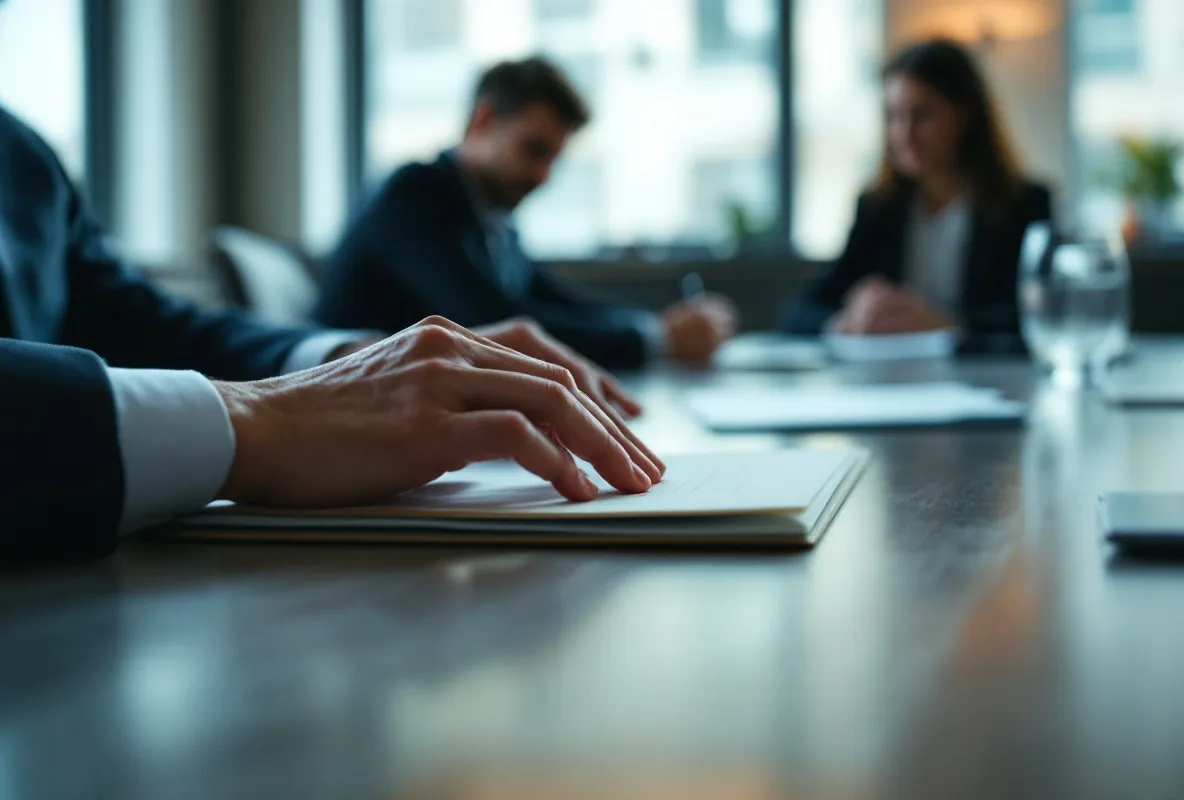 Two hands either side of a closed folder in a meeting room