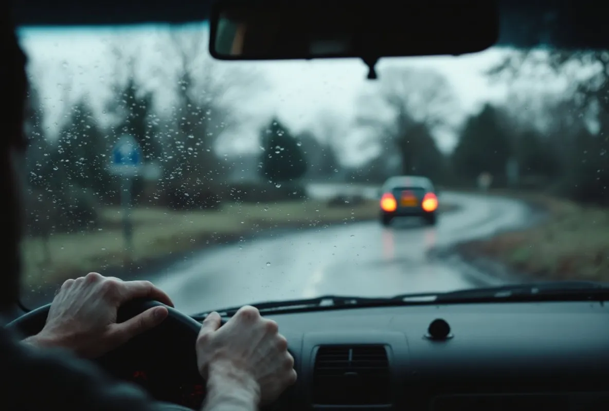 The view through a rain-flecked windscreen, paused at a T-junction