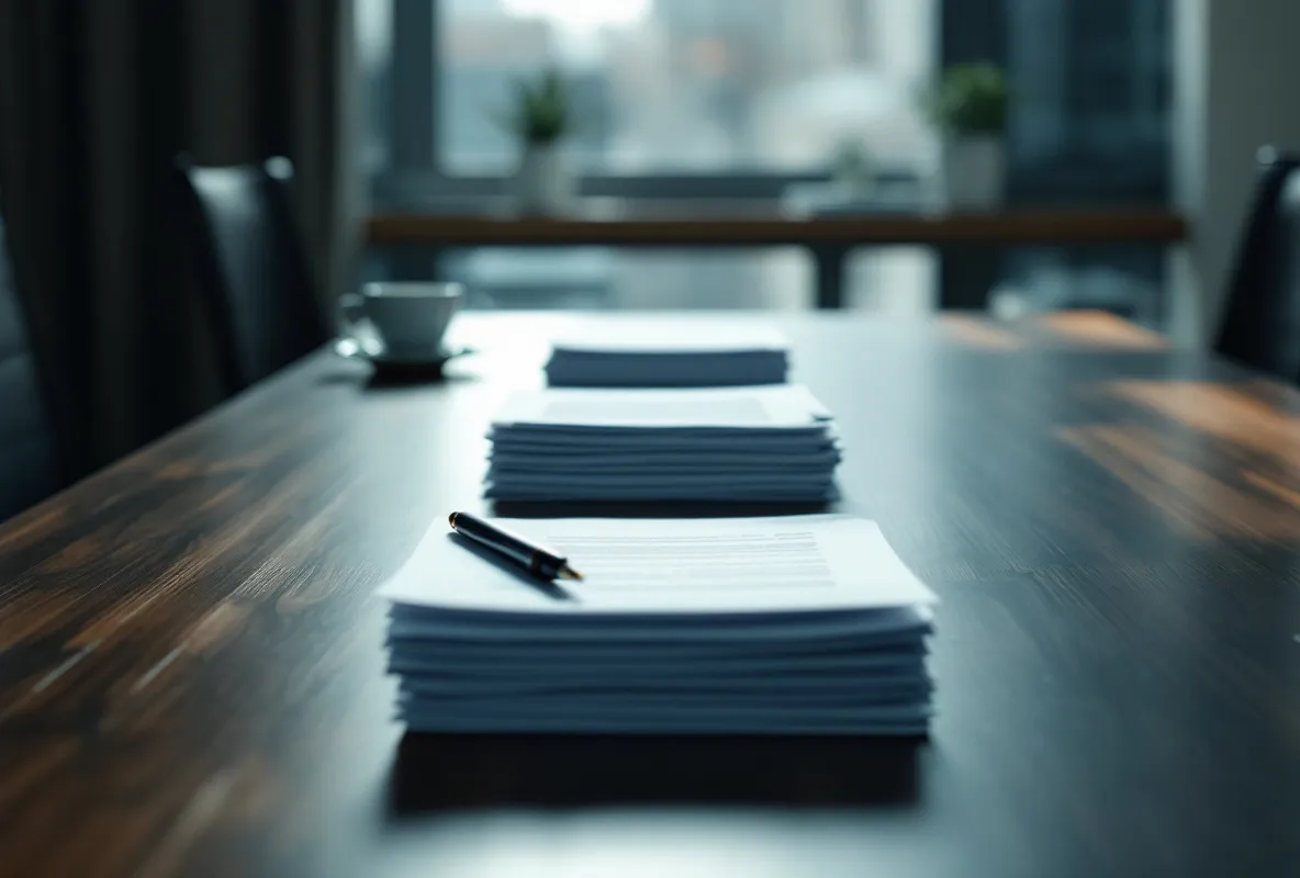 Three separate stacks of paperwork spaced along one boardroom table