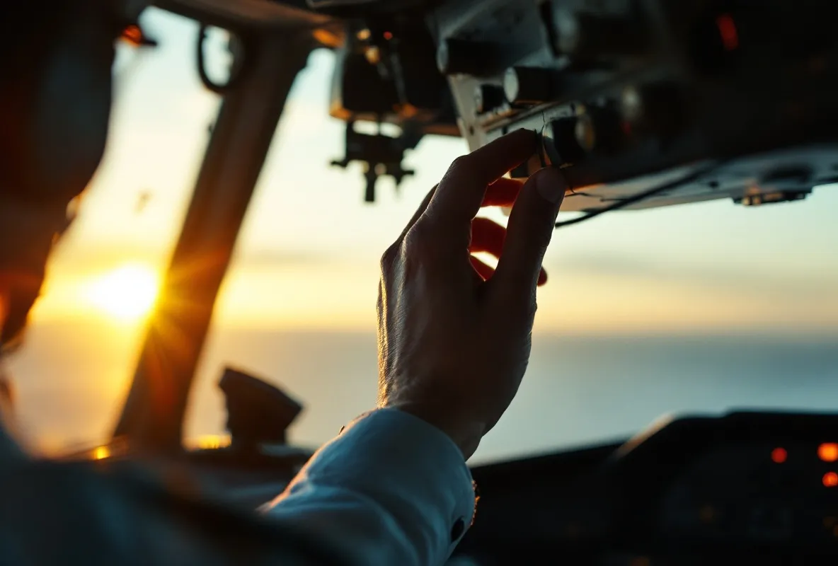 A pilot's hands moving across the overhead switches of a cockpit at dawn