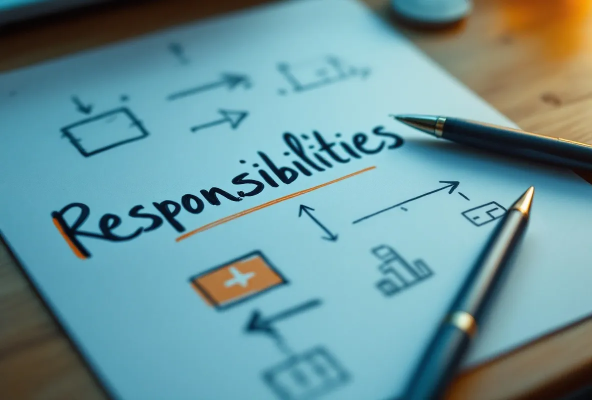 A hand-drawn responsibilities sketch on paper, simple shapes and arrows with no readable words