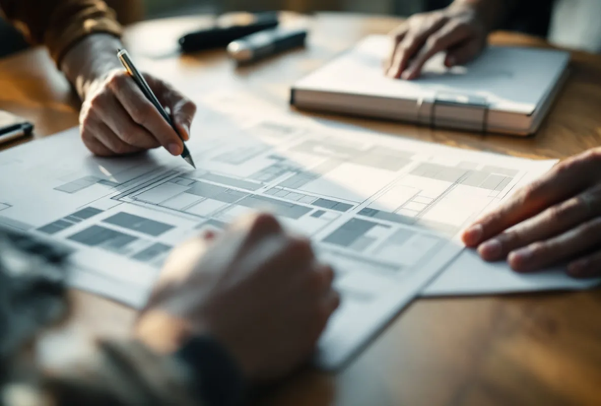A finger tracing a line across an architectural drawing