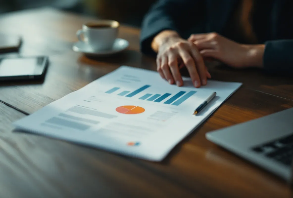Hands resting on a printed report on a boardroom table, a pen set down beside a cold coffee