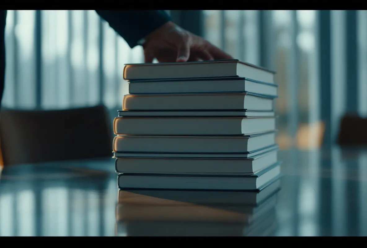 A stack of reports growing on a boardroom table
