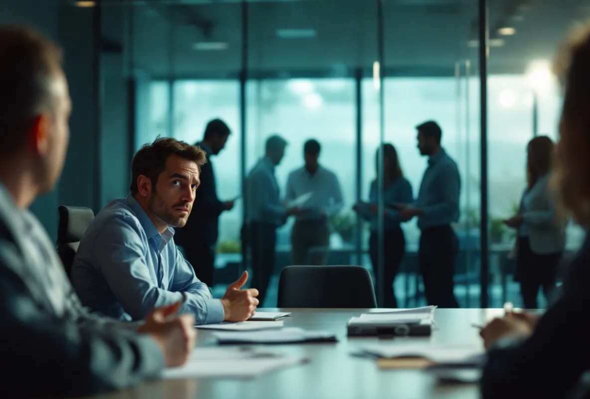Employees filing out of a glass meeting room while one man lingers, unconvinced