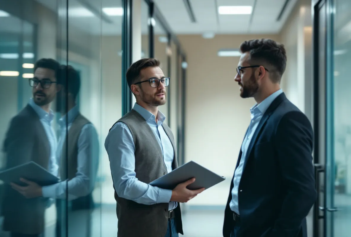 Two colleagues paused outside a glass-walled meeting room