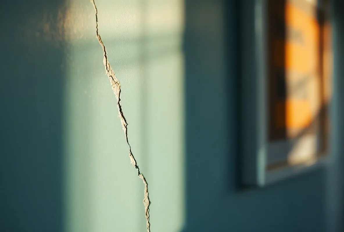 A hairline crack in the plaster beside a framed set of company values