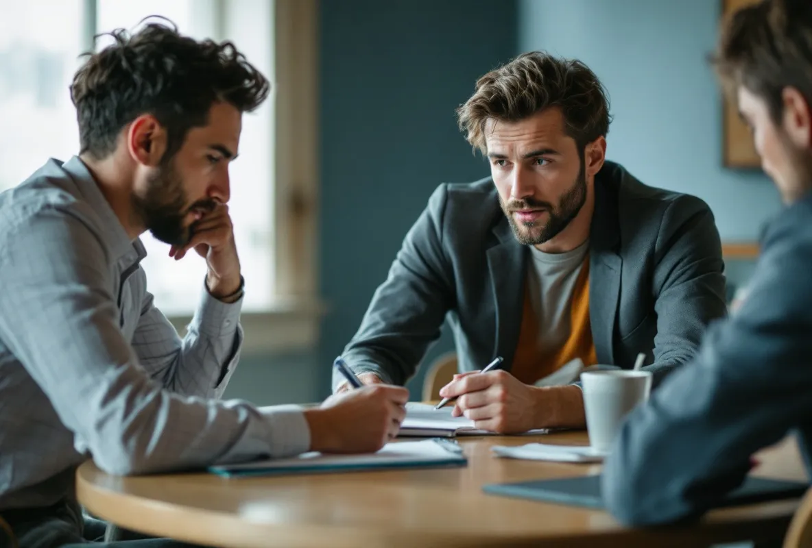 A leadership meeting where one person is visibly deciding whether to speak
