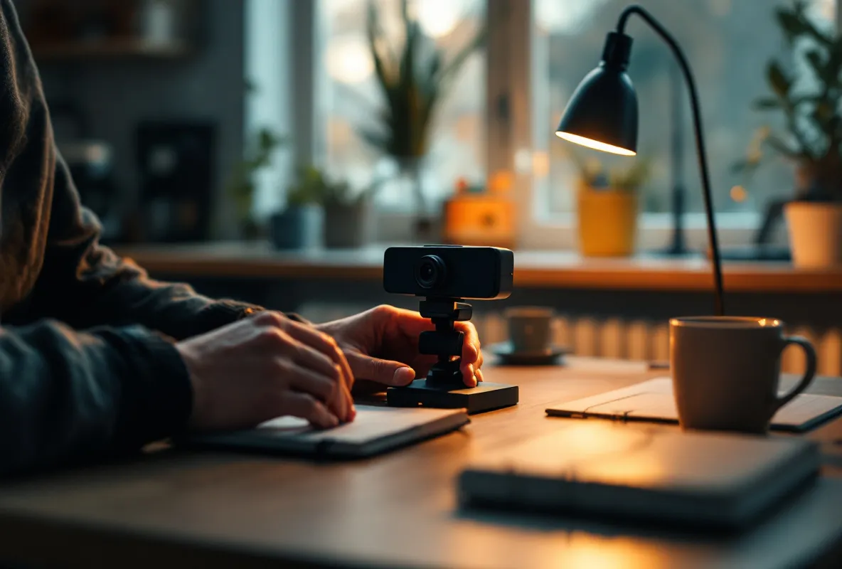 Hands setting up a webcam and lamp on a kitchen table workspace