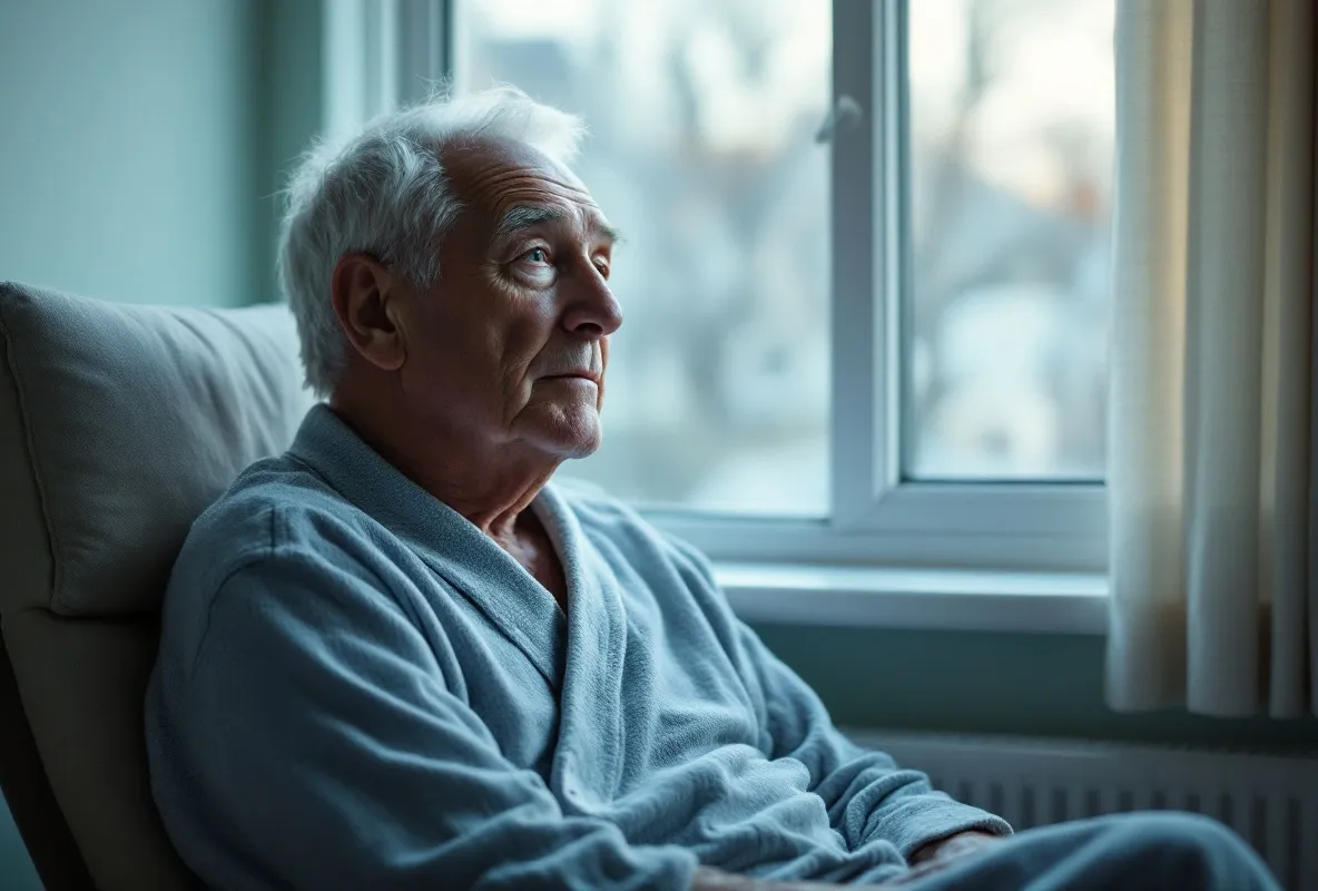 A man sitting quietly by a hospital window in the early morning light, reflective rather than distressed