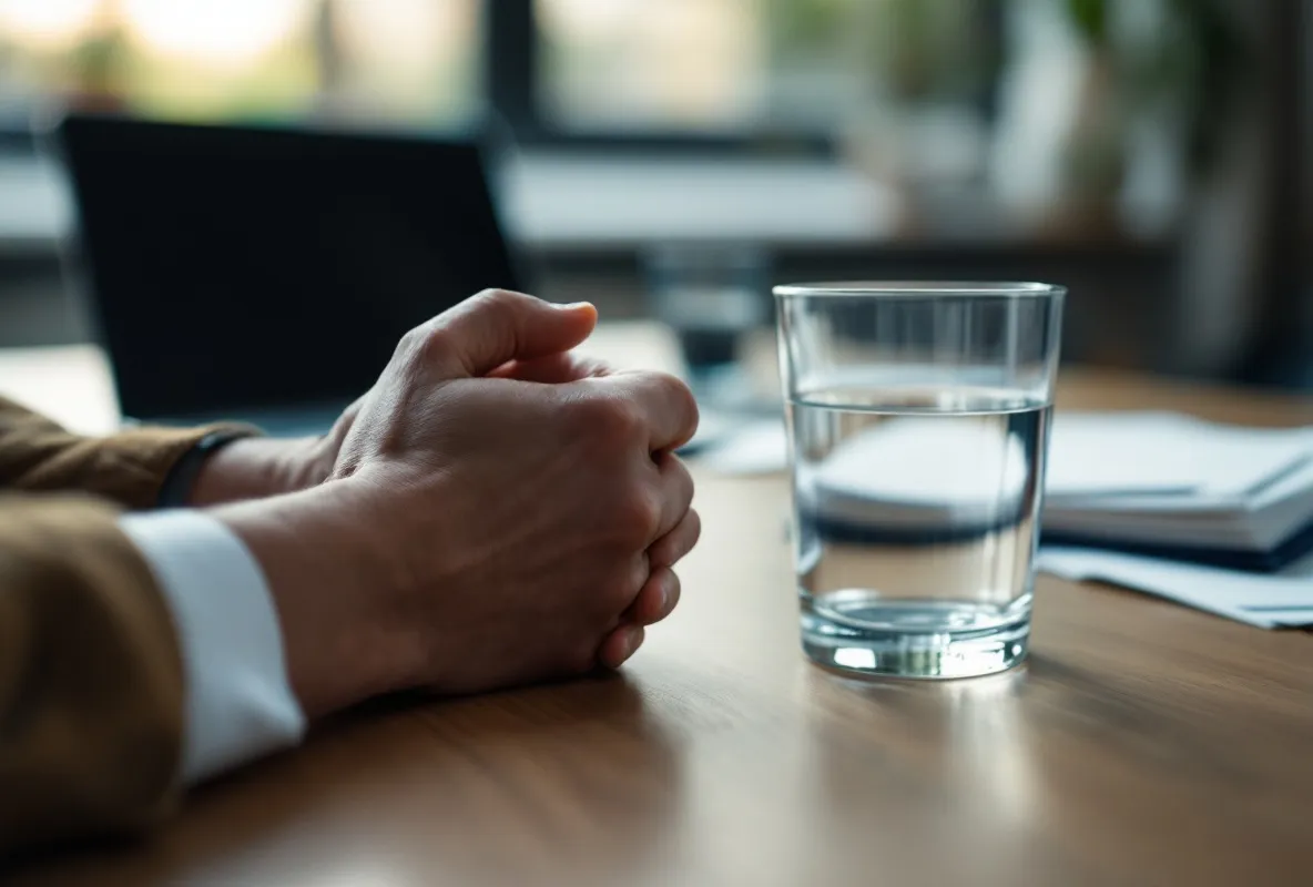 Two hands clasped on a meeting-room table beside an untouched glass of water