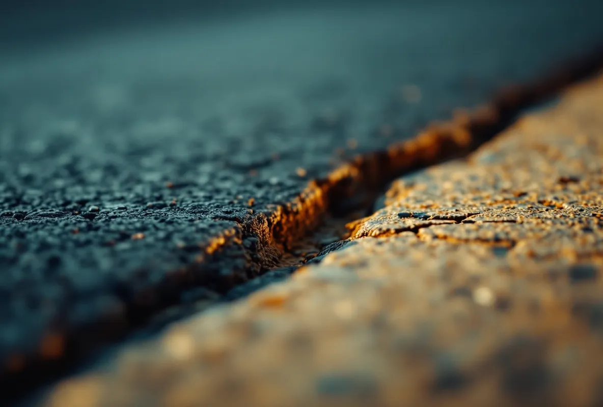 A cracked seam where two stretches of resurfaced road meet