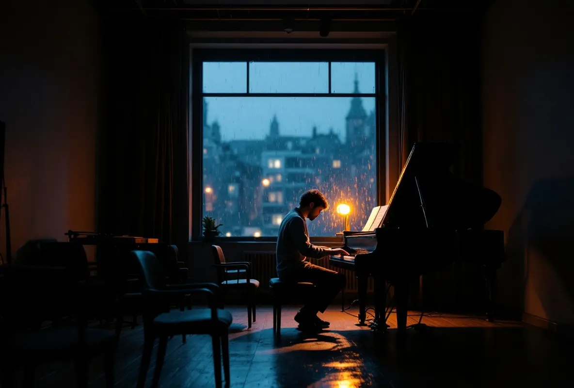 A musician practising alone in a rehearsal room at dusk