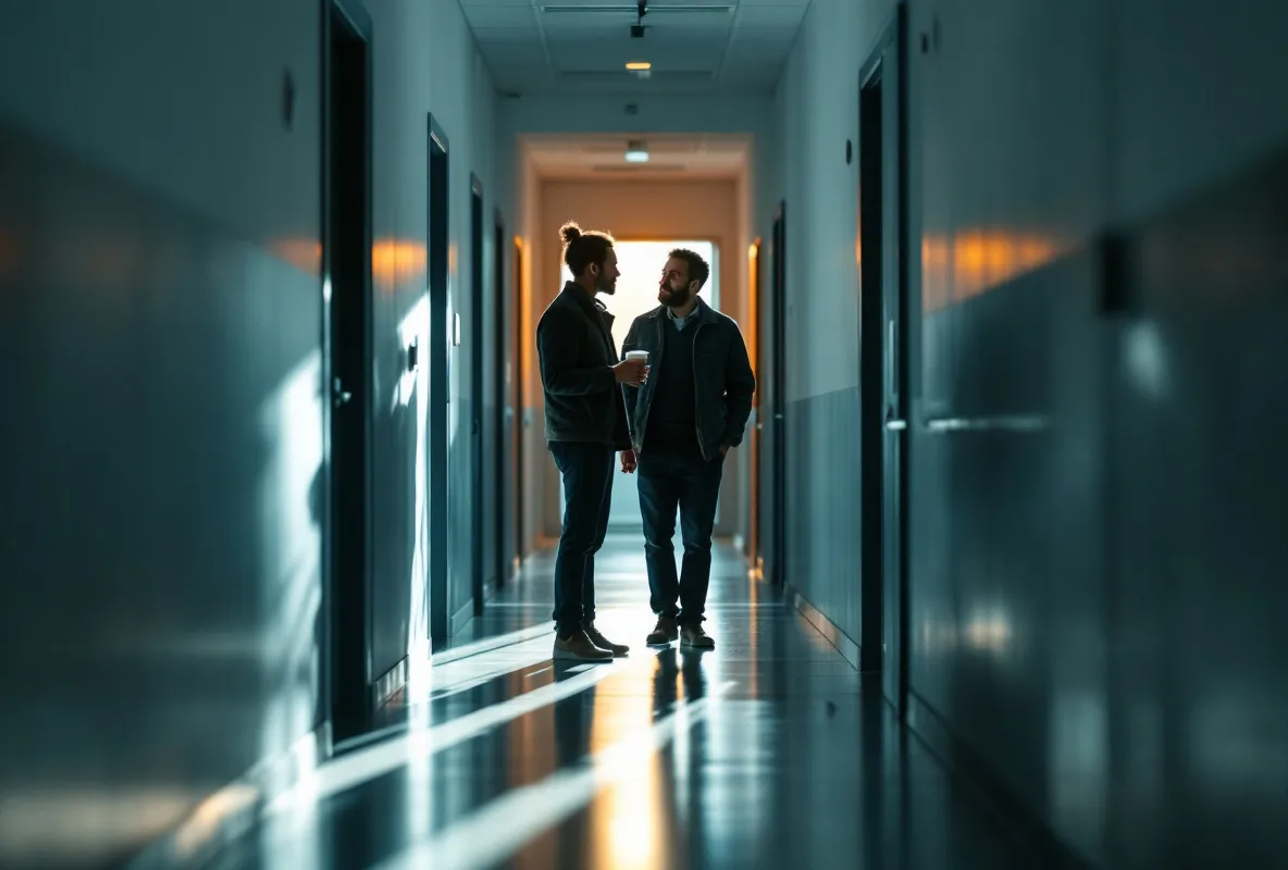 Two colleagues talking quietly at the end of an office corridor