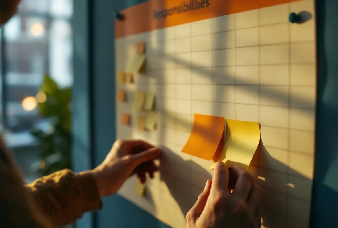 A completed responsibilities chart pinned to a wall, sticky notes rearranged into clear columns