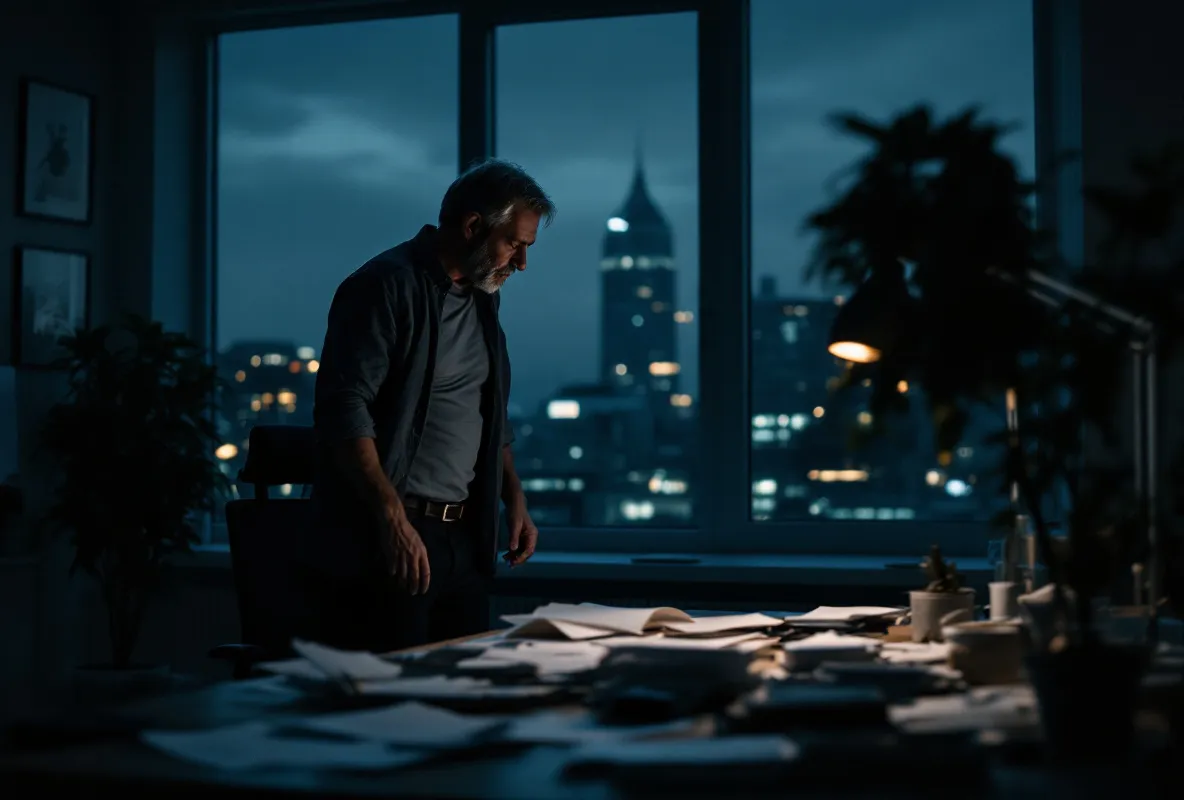 An executive alone in a dark office at night