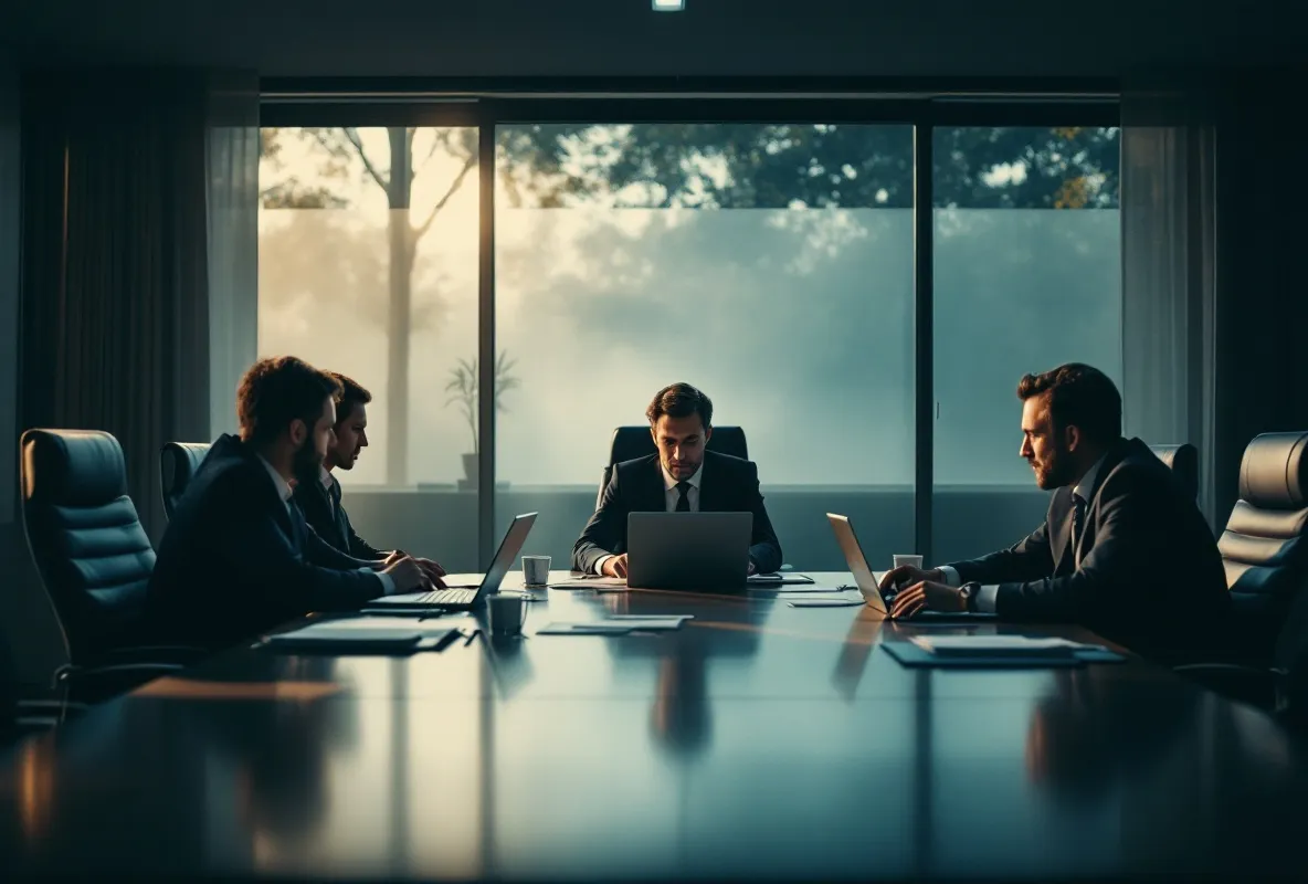 Five executives behind their own stacks of papers, chairs angled apart, the centre of the table empty