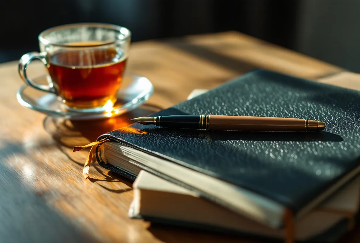 A fountain pen on a closed notebook beside a cup of tea