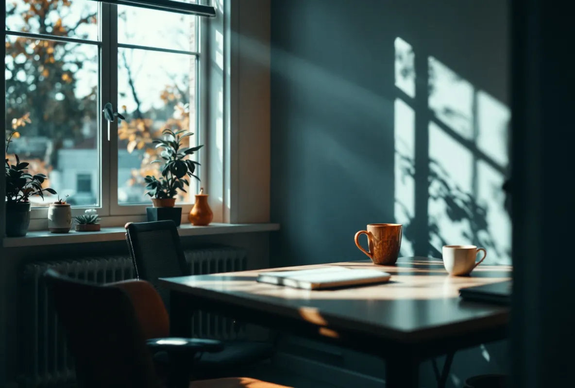 An empty desk prepared by a sunny office window