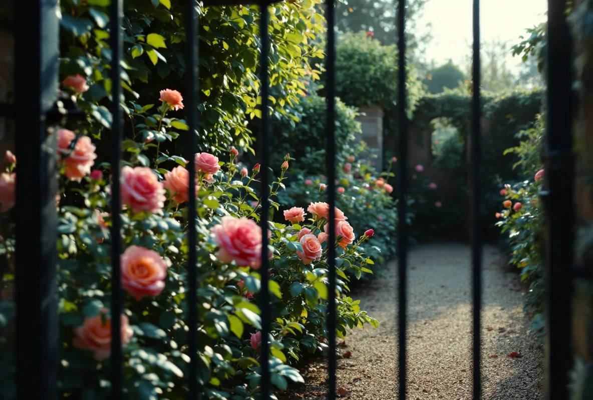A walled garden seen through a locked iron gate