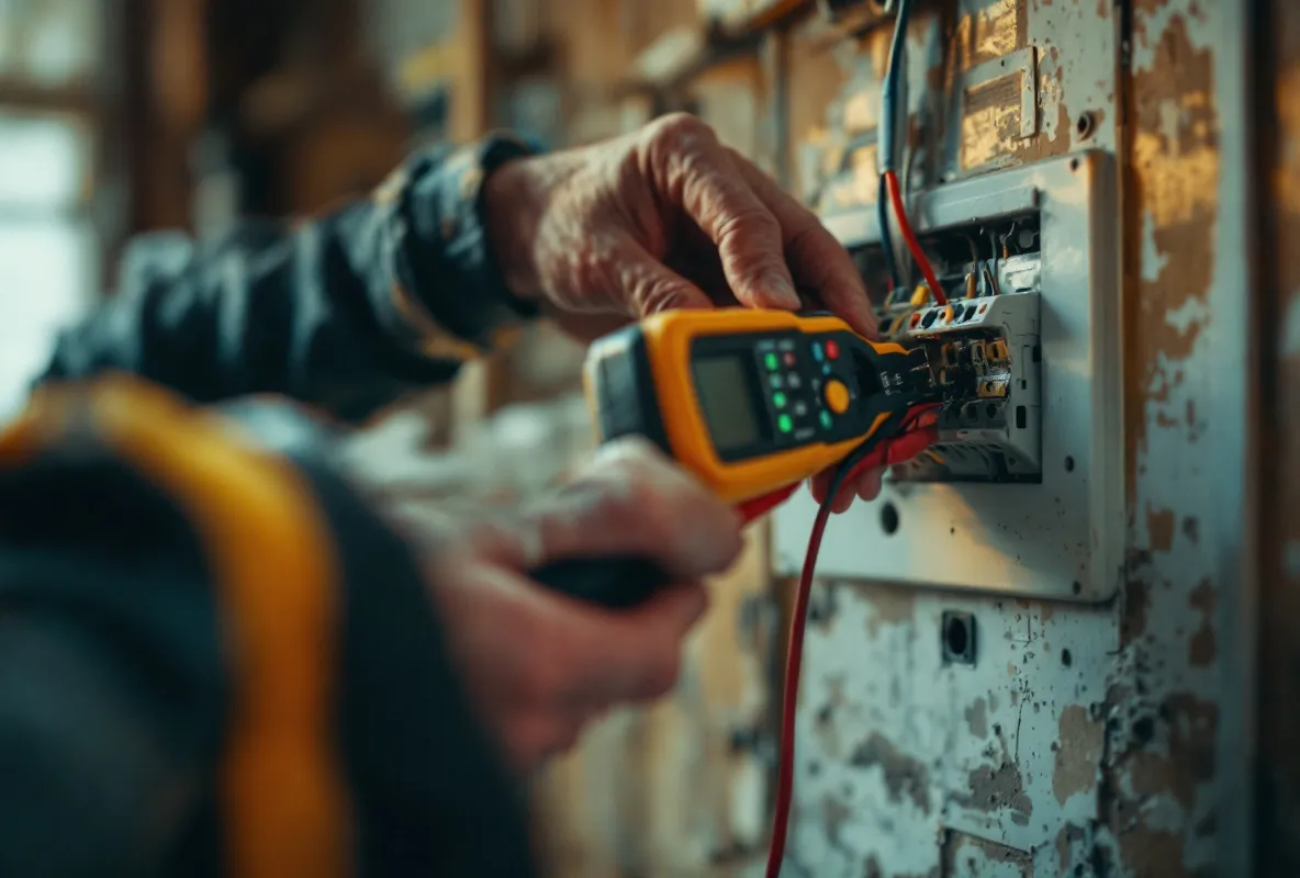 An electrician's hands testing an isolated circuit
