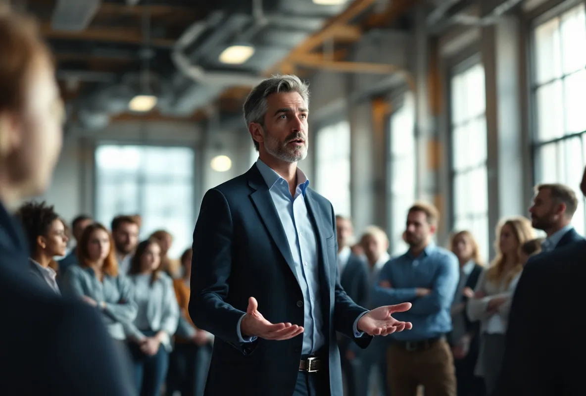 A leader explaining a change to gathered colleagues in an open office