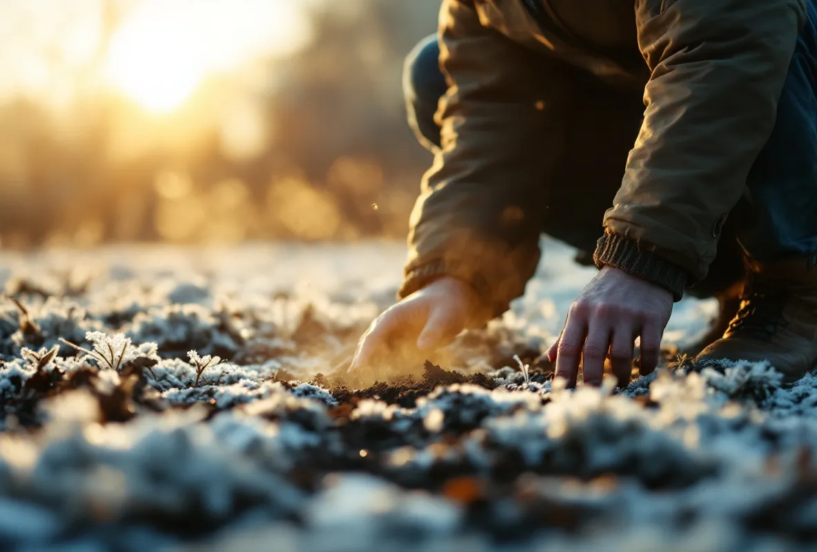 A gardener crouched over seed beds in an early morning frost
