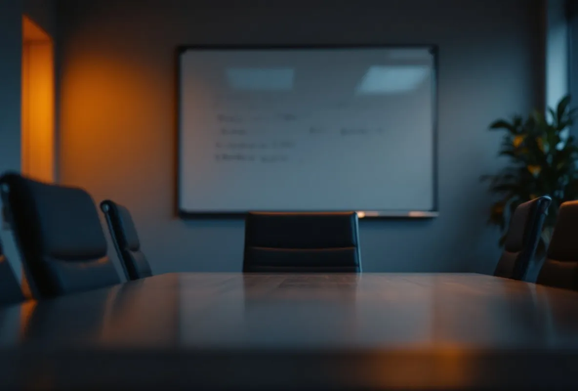 An empty meeting room at dusk, a whiteboard half wiped clean