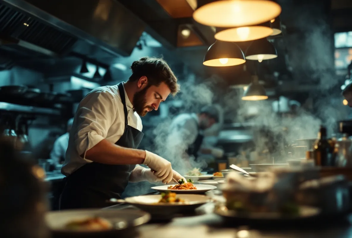 A chef plating with complete focus at the pass during evening service