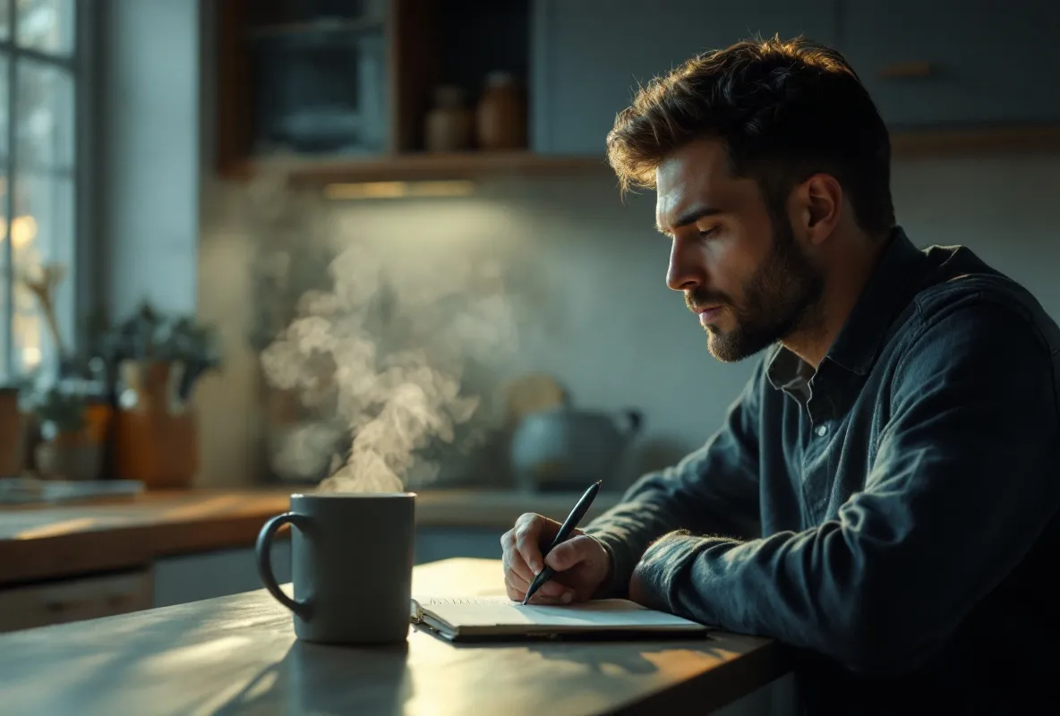 A small notebook open at a kitchen table in the first light of morning