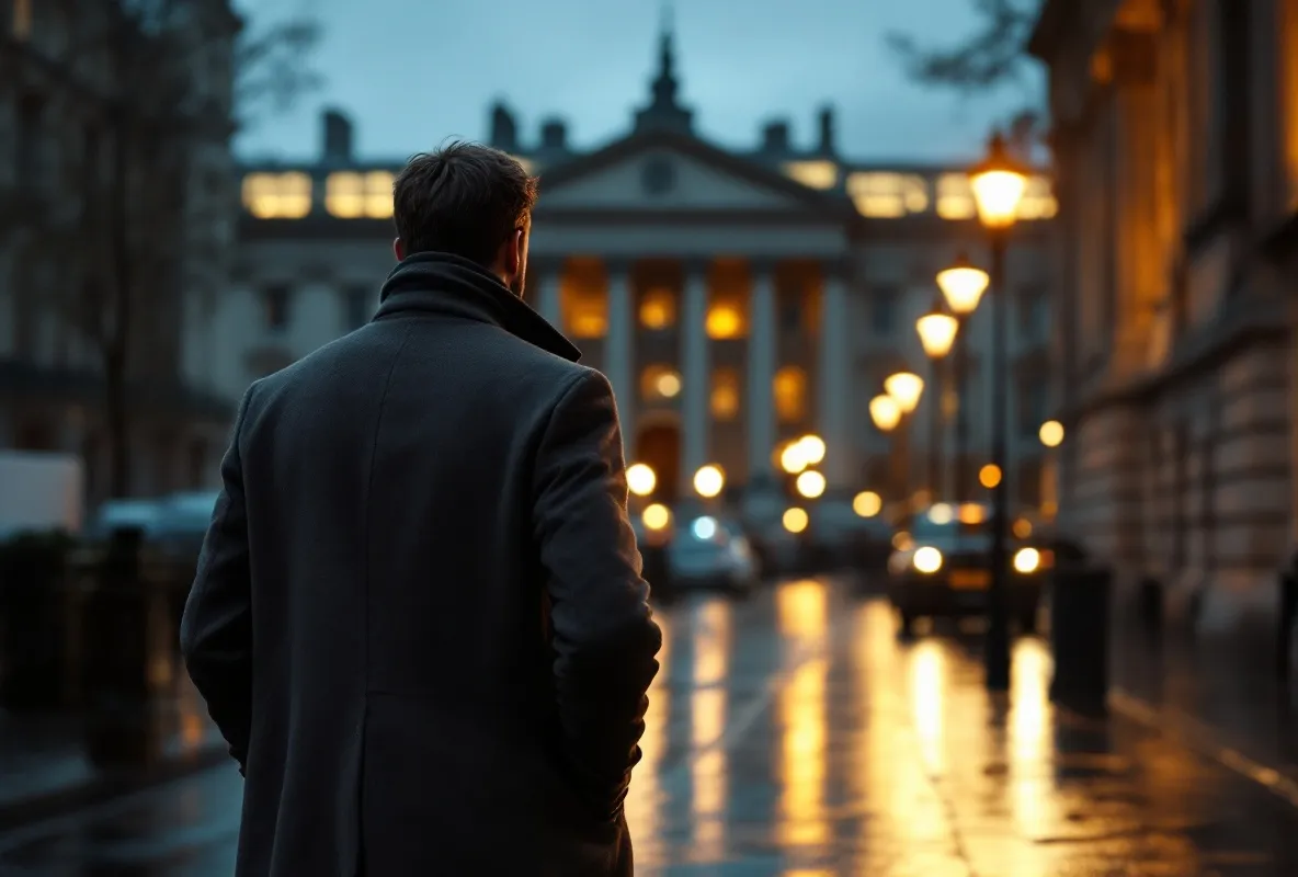 A man walking away from a civic building at dusk