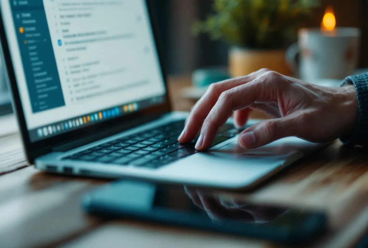 A hand resting on a laptop trackpad, cursor hovering over an unsent email